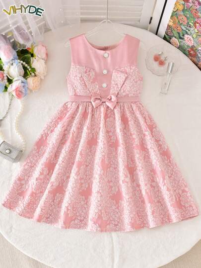 Vihyde 1pc Sweet Bowknot Decor Sleeveless Satin Princess Dress For Tween Girl