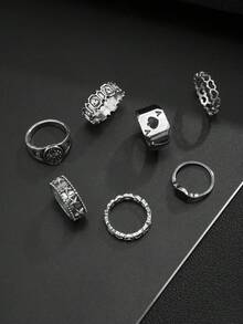Set de 7 anillos geométricos de estilo punk, para uso diario casual para hombres - Plateado - View 5