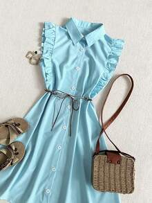 女士春夏清新甜美单排扣领花瓣袖衬衫裙 - 藍色 - 查看 6