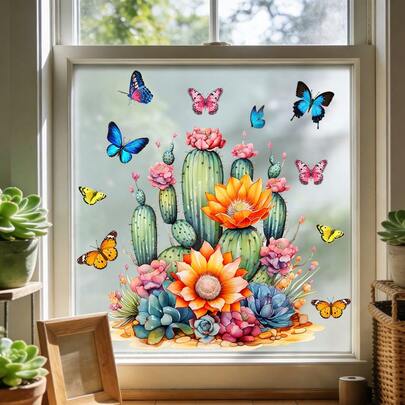 1/3pcs Watercolor Style Cactus, Flower, And Butterfly Window Sticker, Reusable PVC Double-Sided Visible Static Cling Glass Decal, Suitable For Living Room, Bedroom, Kitchen, And Office Decoration.
