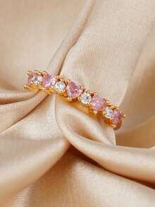 1枚优雅粉色立方氧化锆戒指，适合女性日常佩戴、订婚、婚礼、派对、宴会等场合，铜质首饰 - 金黃色 - 查看 3
