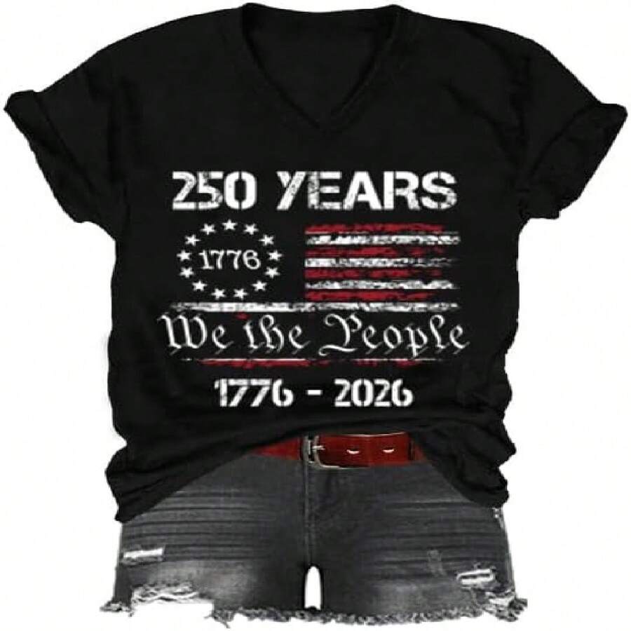 250th Anniversary USA Shirt, 250 Anniversary USA T-Shirt, Independence Day V-Neck Tshirt For Women Men - 黑色 - 查看 1