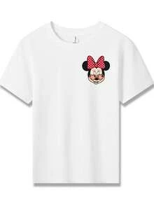 Disney Minnie Mouse And Mickey Mouse With Donuts Pizza Ice Cream Balloons And Cupcake Double-Sided Printed Pattern T-Shirts For Girls - Children's Clothing Design Short-Sleeved Casual And Cute Style Comfortable And Casual Wear All Year Round Suitable For Parties And Play Machine Washable Gift Children's Clothing Girls' Short-Sleeved Shirts - 白色 - 查看 2