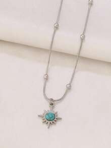 1pc Stainless Steel Natural Turquoise Sun Pendant Necklace, Women's Fashion 18K Gold Bead Snake Chain Necklace, Jewelry Gift - Necklace - View 7