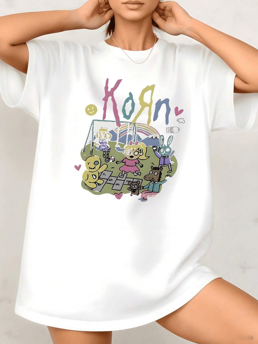 Escena colorida de parque infantil con personajes sonrientes arcoíris corazones y juegos que transmiten alegría y camiseta de mujer de corte suelto cómoda 220g casual moderna - Blanco - Ver 1