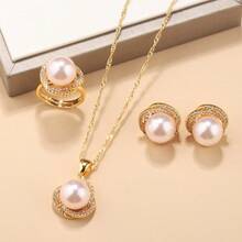 优雅简约首饰套装：仿珍珠耳环、项链、吊坠、开口戒指（4件套），时尚配饰，适合女士婚礼、晚宴等场合，也是情人节、母亲节、生日的理想礼物。 - 銀色 白色 - 查看 2