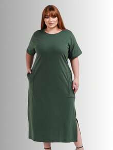 Set Of 2 Plus Size Casual Dresses With Pockets And Side Slit - 黑色/軍綠色 - 查看 4