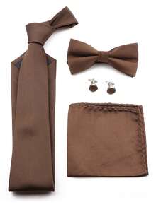 ZONFAZ 4pcs Men's Business Minimalist Solid Ribbed 8cm Necktie, Bow Tie, Pocket Square & Cufflinks Combo Set, Suitable For Weddings, Parties And Daily Commute - Brown - View 1