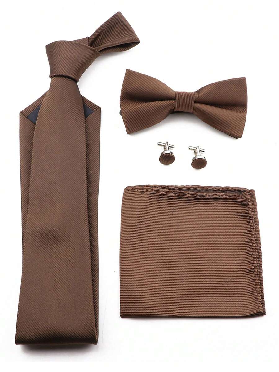ZONFAZ 4pcs Men's Business Minimalist Solid Ribbed 8cm Necktie, Bow Tie, Pocket Square & Cufflinks Combo Set, Suitable For Weddings, Parties And Daily Commute - Brown - View 1