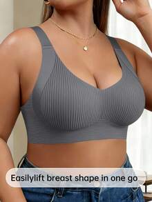 5pcs Classic Plus Size (Runs Small) Women's Non-Wired Bra, Striped Seamless Soft Support Shaping Lingerie, Adjustable Shoulder Straps, Removable Pads - Multicolor - View 12
