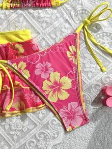 3-In-1 Floral Ruffled V-Neck Backless Tie Bikini Set With Detachable Beach Skirt, Cute And Playful - Multicolor - View 7