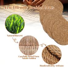 4-Piece Round Woven Placemat Set - 5-Inch Bohemian Rustic Rattan Placemats, Retro Woven Willow Table Mats | Natural Water Hyacinth Placemats & Rustic Jute Table Runner, Suitable For Dinner Plates, Kitchen Countertops, Housewarming Gifts, Dining Tables & Home Decoration - 棕色 - 查看 6