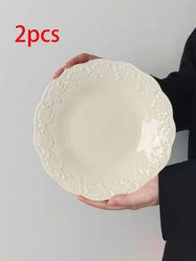 1件/2件装法式复古浮雕早餐盘、简约甜点盘、沙拉盘、水果盘、陶瓷蛋糕盘、意面盘、盛菜盘 - 彩色 - 查看 16