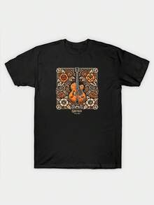 Women's Plus Size Casual T-Shirt With Gretsch Guitar Legend Print, Round Neck Short Sleeve Top For Casual Attire, Versatile Gift Item | Playful Graphic Tee | Comfortable Fit, Women's Spring & Fall Top For Daily Wear - 黑色 - 查看 1