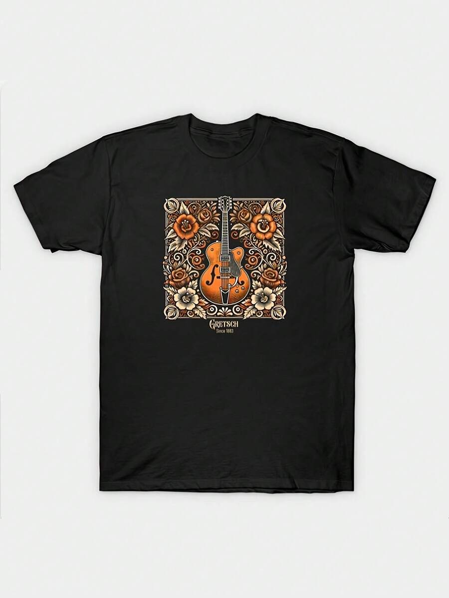 Women's Plus Size Casual T-Shirt With Gretsch Guitar Legend Print, Round Neck Short Sleeve Top For Casual Attire, Versatile Gift Item | Playful Graphic Tee | Comfortable Fit, Women's Spring & Fall Top For Daily Wear - 黑色 - 查看 1