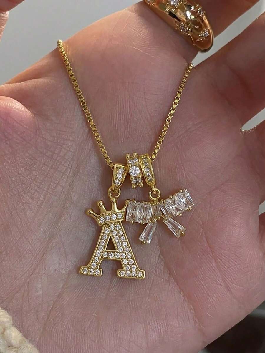 1 pieza Collar con colgante de corona con letra y gema de corazón de circonita cúbica rosa, de acero inoxidable, para uso diario, regalo de San Valentín/cumpleaños para mujeres - Dorado - Ver 1