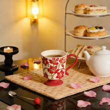 Retro Festive Cotton Flower Pattern Ceramic Mug, High-Quality Red Atmosphere Coffee/Tea Cup, Household & Office Couple Mugs, Great Gift For Holidays - Red - View 13