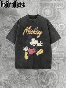 Disney Binks Mickey Mouse Retro Elements Cartoon Printed Retro Hole Washed Short Sleeve T-Shirt, High Street Fashion Brand Loose Short Sleeve T-Shirt. Spring And Summer Fashionable Versatile Top, Holiday Gift, Vintage Print. - 黑色 - 查看 2