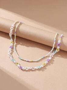 2pcs Bohemian Chic Beaded & Pearl Flower Necklace Set, Handmade Jewelry Suitable For Vacation & Daily Wear - Multicolor - View 4