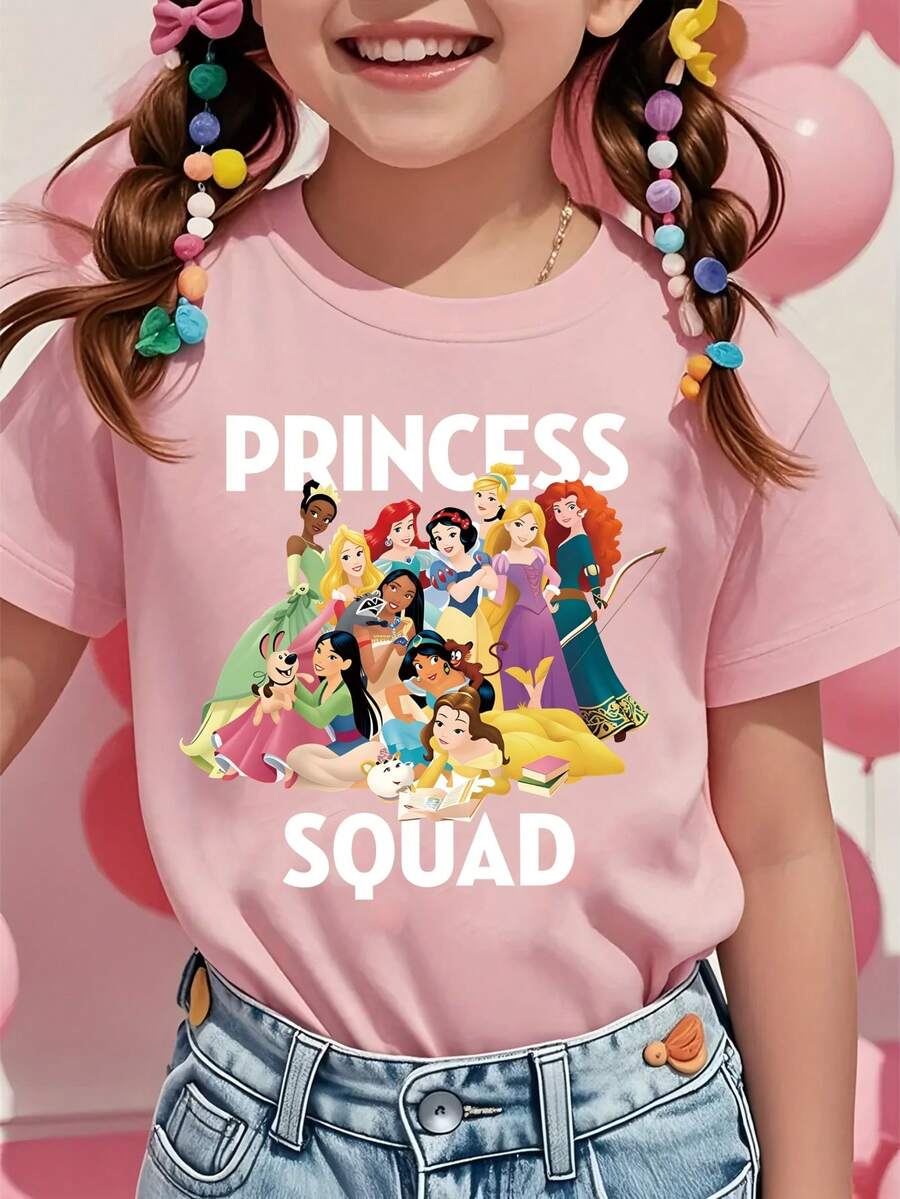 Disney Princess Characters Printed Pattern T-Shirts For Girls - Children's Clothing Design Short-Sleeved Casual And Cute Style Comfortable And Casual Wear All Year Round Suitable For Parties And Play Machine Washable Gift Children's Clothing Girls' Short-Sleeved Shirts - 粉色 - 查看 1