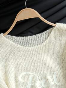 女士字母刺绣羊毛马海毛针织衫，镂空半透明百搭长袖宽松短款圆领套头衫 - 杏色 - 查看 7