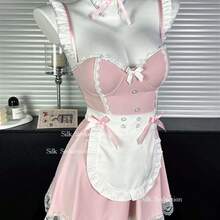 Playfully Seductive Maid Nightie With Padded Bust Design & Adjustable Thin Straps, Offering A "Pure Desire" Aesthetic With Enhanced Support For Romantic Honeymoon Roleplay, Valentine's Dates & Intimate Evenings. - 粉紅色[髮帶+頸環+洋裝+圍裙+T卹褲] - 查看 3