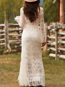 Vestido romántico blanco retro encaje cuello en V manga larga flecos - Blanco - Ver 2