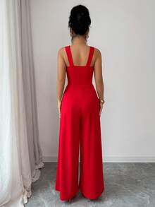 abyoxi Burgundy Pleated Jumpsuit - Luxurious Elegant Style - Red - View 2