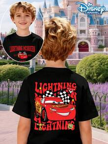 Disney Boys' T-Shirts, Cartoon Cars, 95 Racing Prints, Text, Cartoons, Animations, Summer Casual Outdoor Games, Boys' Round Neck Short Sleeves, Easter Tops, New School Clothes, Boys' Street Outfits, Easter New Clothes - Black - View 1
