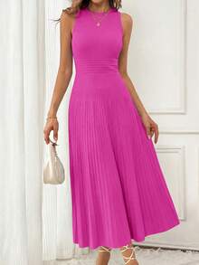 Women's Summer Mid-Length Dress Sleeveless Crew Neck Knitted A-Line Pleats Set Casual Wedding Guest Sundress - Màu Hồng Tươi - Xem 2