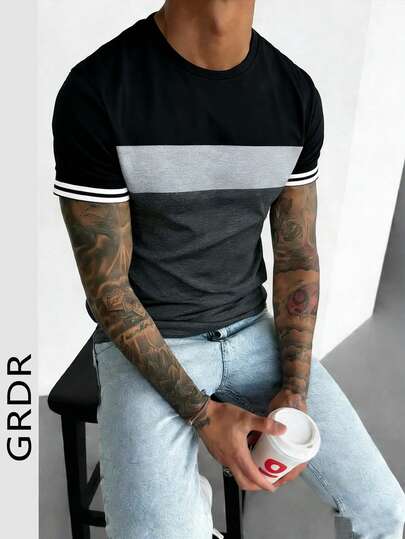 GRDR 1 pieza Camiseta de hombre de cuello redondo de estilo casual de negocios con contraste de color, nueva para el verano