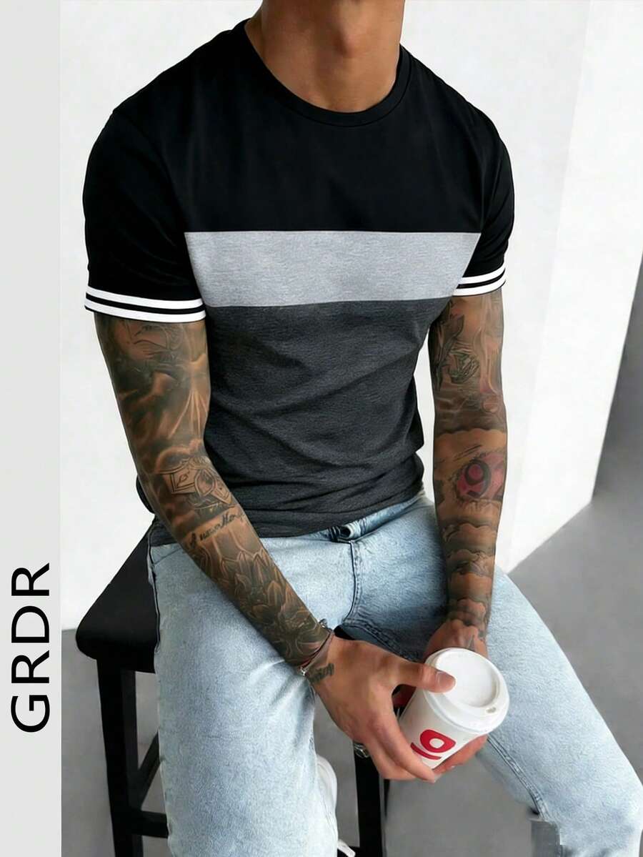 GRDR 1 chiếc áo thun nam cổ tròn phối màu tương phản mới mùa hè, phong cách công sở thường ngày. - màu đen - Xem 1