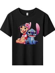 Disney Lilo And Stitch Printed Pattern T-Shirts For Girls - Children's Clothing Design Short-Sleeved Casual And Cute Style Comfortable And Casual Wear All Year Round Suitable For Parties And Play Machine Washable Gift Children's Clothing Girls' Short-Sleeved Shirts - 黑色 - 查看 2
