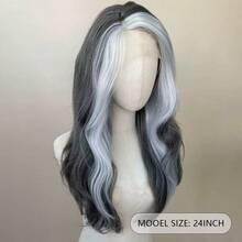 成熟女性24英寸银灰色长卷发蕾丝前合成假发 - 70/30侧分，自然逼真耐热纤维假发 | 适合日常佩戴、主题派对和角色扮演场合 - 灰色 - 查看 9