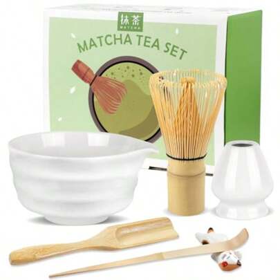 هينجلي سام طقم شاي ماتشا مكون من 6 قطع، طقم مكنسة ماتشا ووعاء ماتشا مع فوهة، حامل خفاقة ماتشا حامل مكنسة ، ملعقة ماتشا وحامل، ملحقات ماتشا يابانية للمبتدئين - ابيض