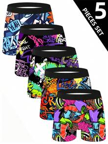 5pcs/Set Men's Fashion Graffiti Printed Shorts, Digital Print Men's Boxer Briefs, Funny Printed Boxing Briefs, Knitted Elastic Comfortable Breathable Men's Underwear, Breathable Skin-Friendly Fashionable Sports Briefs - Multicolor - View 1