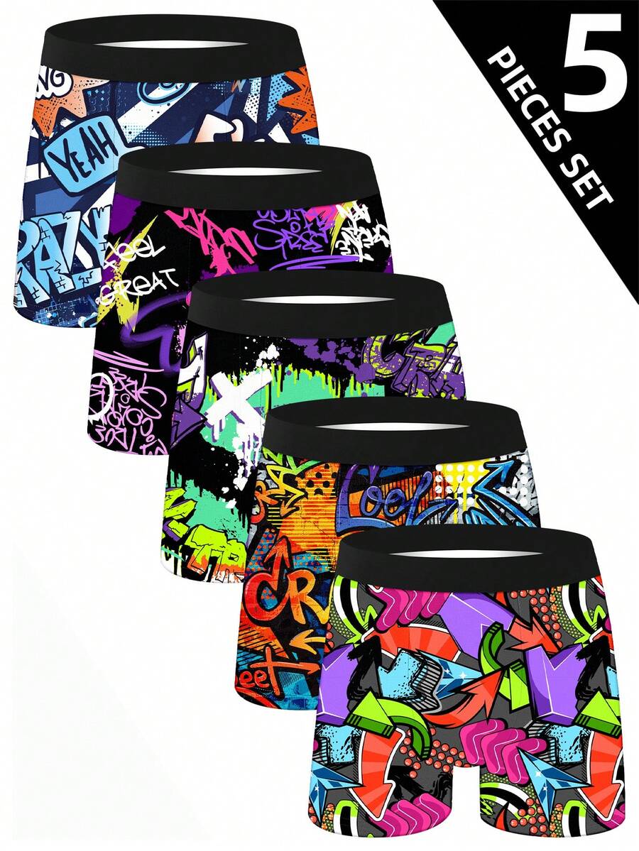 5pcs/Set Men's Fashion Graffiti Printed Shorts, Digital Print Men's Boxer Briefs, Funny Printed Boxing Briefs, Knitted Elastic Comfortable Breathable Men's Underwear, Breathable Skin-Friendly Fashionable Sports Briefs - Multicolor - View 1
