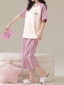 AICJ Bộ 2 món đồ mặc nhà nữ màu trơn tay raglan, quà tặng Ngày của Mẹ, áo ngủ cổ tròn in hình gấu hoạt hình và quần short kẻ caro, thích hợp cho mùa xuân/hè. - Màu tím hoa cà - Xem 3