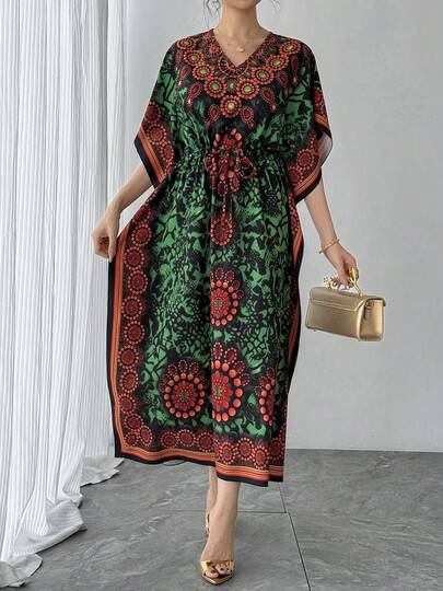 Loose V-Neck Allover Print Dress, High-End Quality Casual Reversible Tie-Waist Slimming Holiday Dress, Middle Eastern Arabic Style Long Robe Gown, Traditional Arab Clothing, Perfect Festival Gift For Ramadan, Eid, New Year