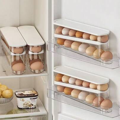 Automatic Refilling Sliding Egg Storage Box, 2-Layer Refrigerator Door Egg Rack, Plastic Egg Tray, Holds 12-14 Eggs, Keeps Fresh, Space-Saving Kitchen Organizer