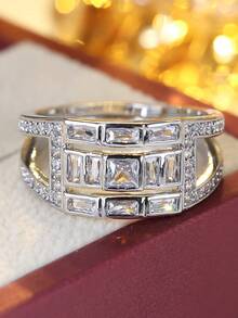 1枚奢华多层全镶钻几何水晶戒指，小众设计闪亮锆石指环饰品 - 開口戒指 - 查看 2