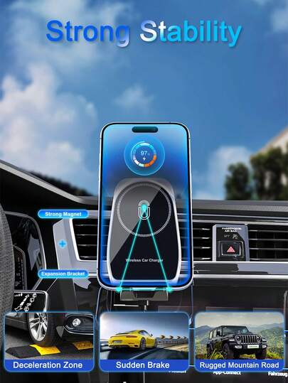 15W Magnetic Wireless Car Charger Compatible With MagSafe, Stable, Suitable For Multiple Vehicle Models, Navigation And Charging In One, 360° Adjustable Air Vent Magnetic Mount, Compatible With Apple 17, 16, 15, 14, 13, 12, 11, Pro, Max And Android Devices Universal Fast Charging Pad