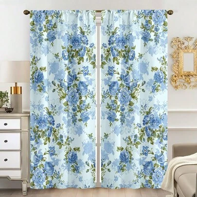 2 st flerfärgade blå ros- och blommönster romantiska lantliga eleganta platta tryckta gardiner, 100 % polyestertyg, stångfickor, utan foder, 90 g/m², 180 cm bredd, perfekt för sovrumsgardiner, vardagsrumsgardiner, matsalgardiner, badrumsgardiner, utomhusgardiner