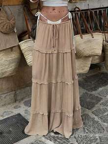 女士夏季波西米亚休闲度假风卡其色拼接荷叶边纹理宽松A字串珠半身裙 - 卡其色 - 查看 8