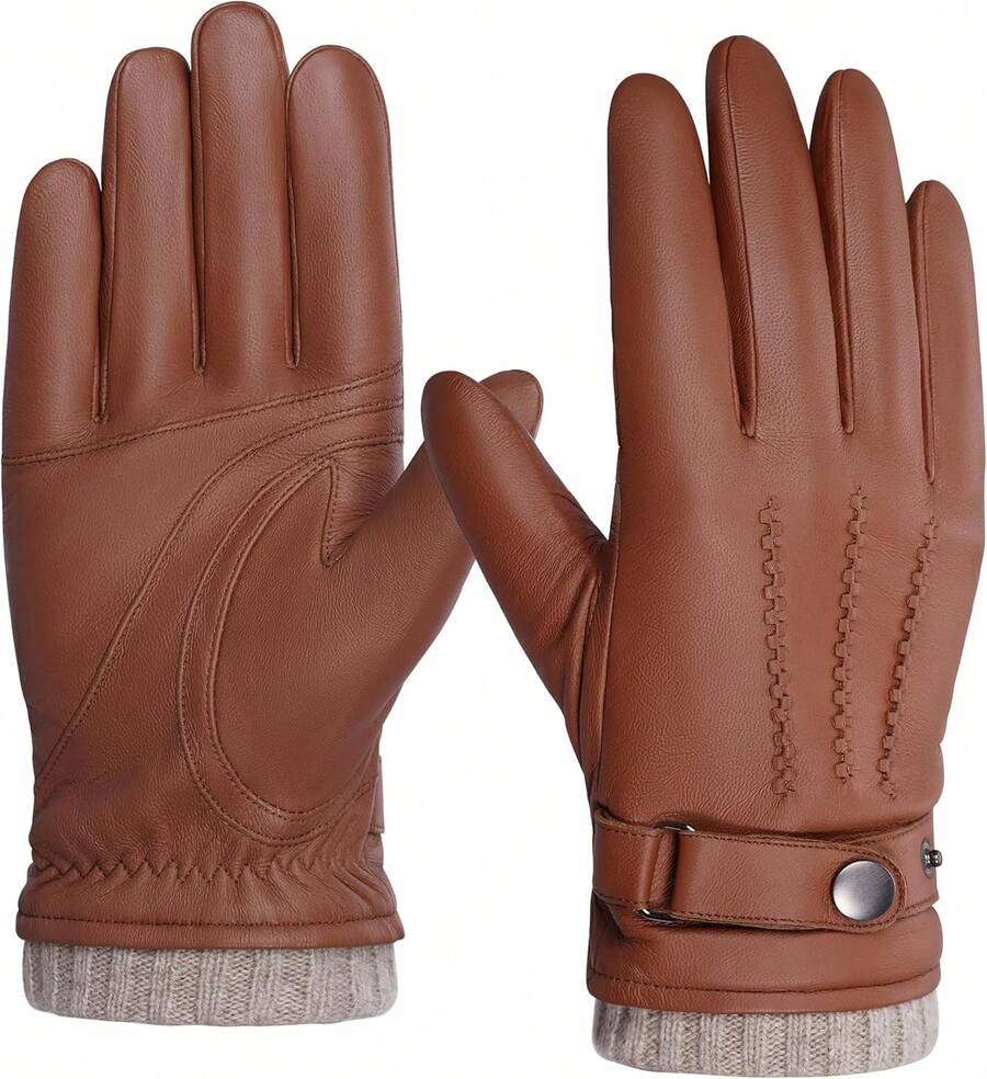 ¡RecomendadoBISON DENIM Guantes de piel de oveja para hombre, guantes de invierno cálidos con forro de cachemira, guantes de motocicleta de conducción¡Top de Temporada - Marrón - Ver 1