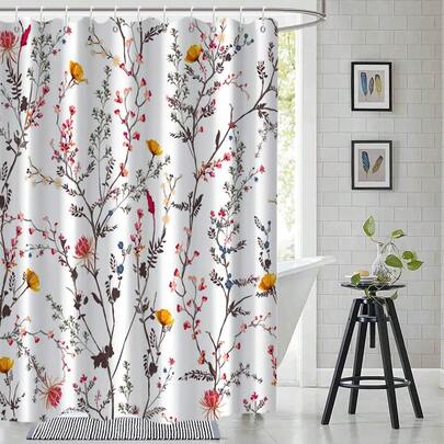 1件装花朵图案浴帘，粉色和黄色花朵图案浴帘套装，适用于浴室浴缸隔断，浴室配件，浴室浴帘装饰