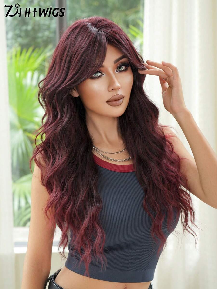 7JHH WIGS Highlights Red Extra Long Wave Wigs For Women 28 Inch Extra Long Wavy Wig With Curtain Bangs, Heat Resistant Fiber Hair Synthetic Curly Wig For Daily & Music Festival Party Wear, Halloween Cosplay Costume Use Fashion Wig Accessories - 挑染紅色 - 查看 1