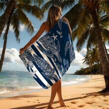Navy Striped Sea Turtle Pattern Beach Towel | Vintage Cruise Essential, Soft Absorbent Sand-Proof Beach Blanket, Loose Swimwear Cover-Up, Unique Bridesmaid Party Favor, Retro Women Beach Accessory, Beach Party & Relaxation Necessity - Blue and White - View 4