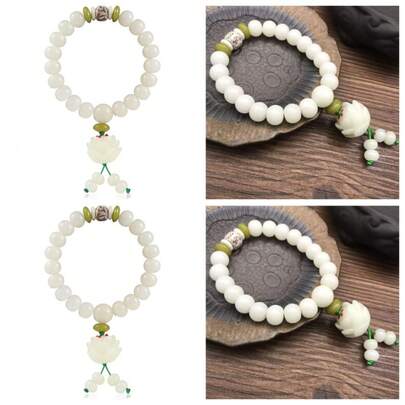 White Jade Bodhi Root Lotus Bracelet Single Ring Buddha Beads Rosary For Men Women