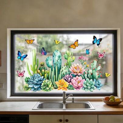1pc Creative Green Plant Window Sticker, Featuring Watercolor Cactus And Succulent Plant Patterns, Waterproof And Removable PVC Decal, Suitable For Kitchen And Bathroom Window Decoration.
